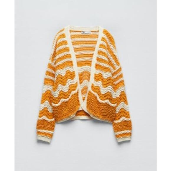 Zara Beige & Yellow Oversized Open Cardigan Knit Sweater Size Medium - Picture 1 of 9